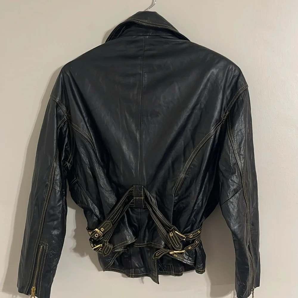 Studio sienna Vintage Black Leather Motorcycle Jacket Gold Detail Women's - Picture 8 of 8